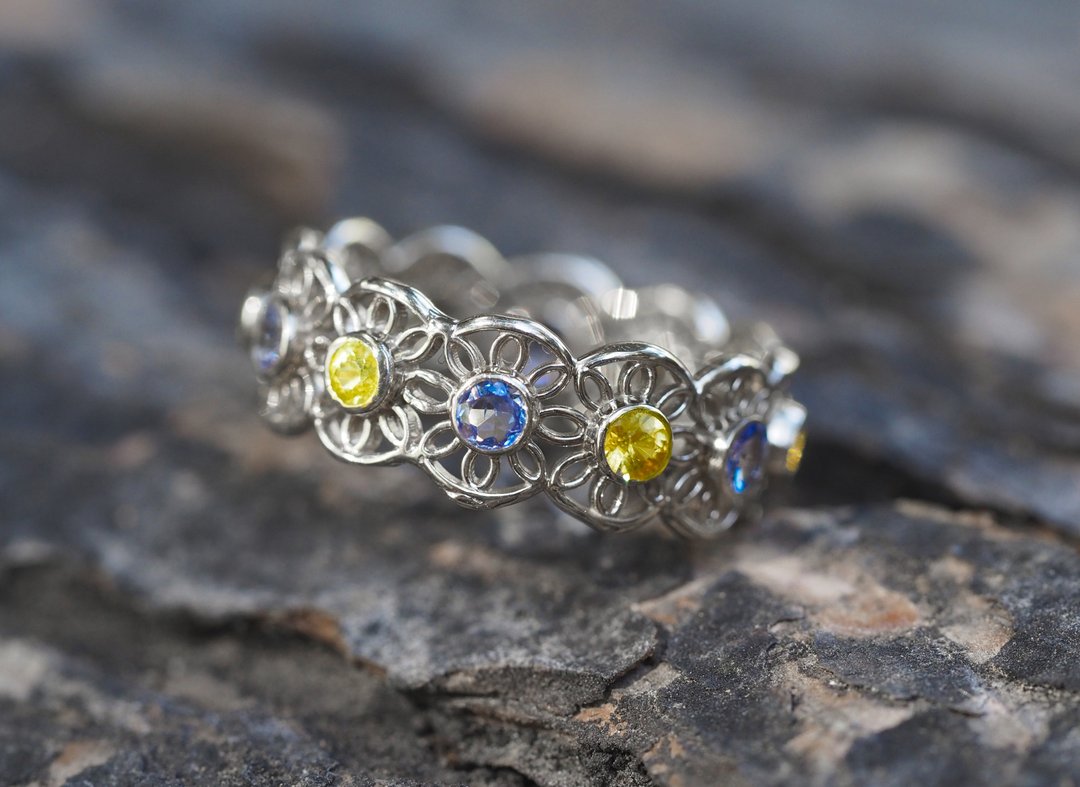 14k gold eternity ring with sapphires and tanzanites - 戒指 - 贵金属 金色