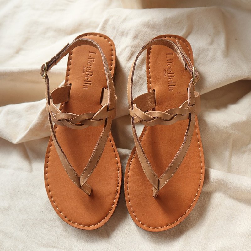 编织凉鞋【真夏姿态】全真皮凉鞋-奶茶棕 - 男女凉鞋 - 真皮 咖啡色