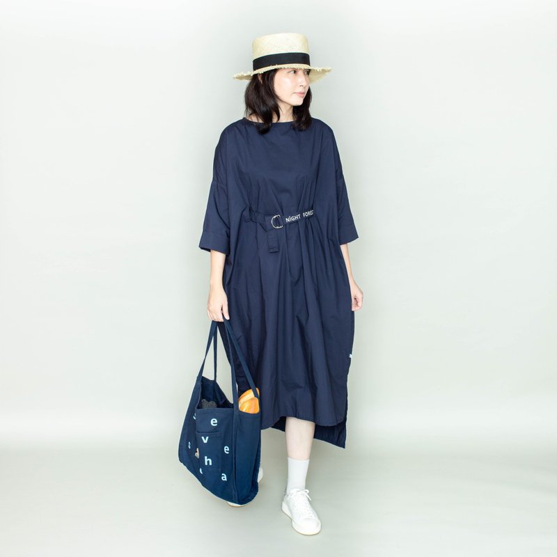 纯棉草鸮刺绣7分袖洋装 丈青色 - 洋装/连衣裙 - 棉．麻 蓝色