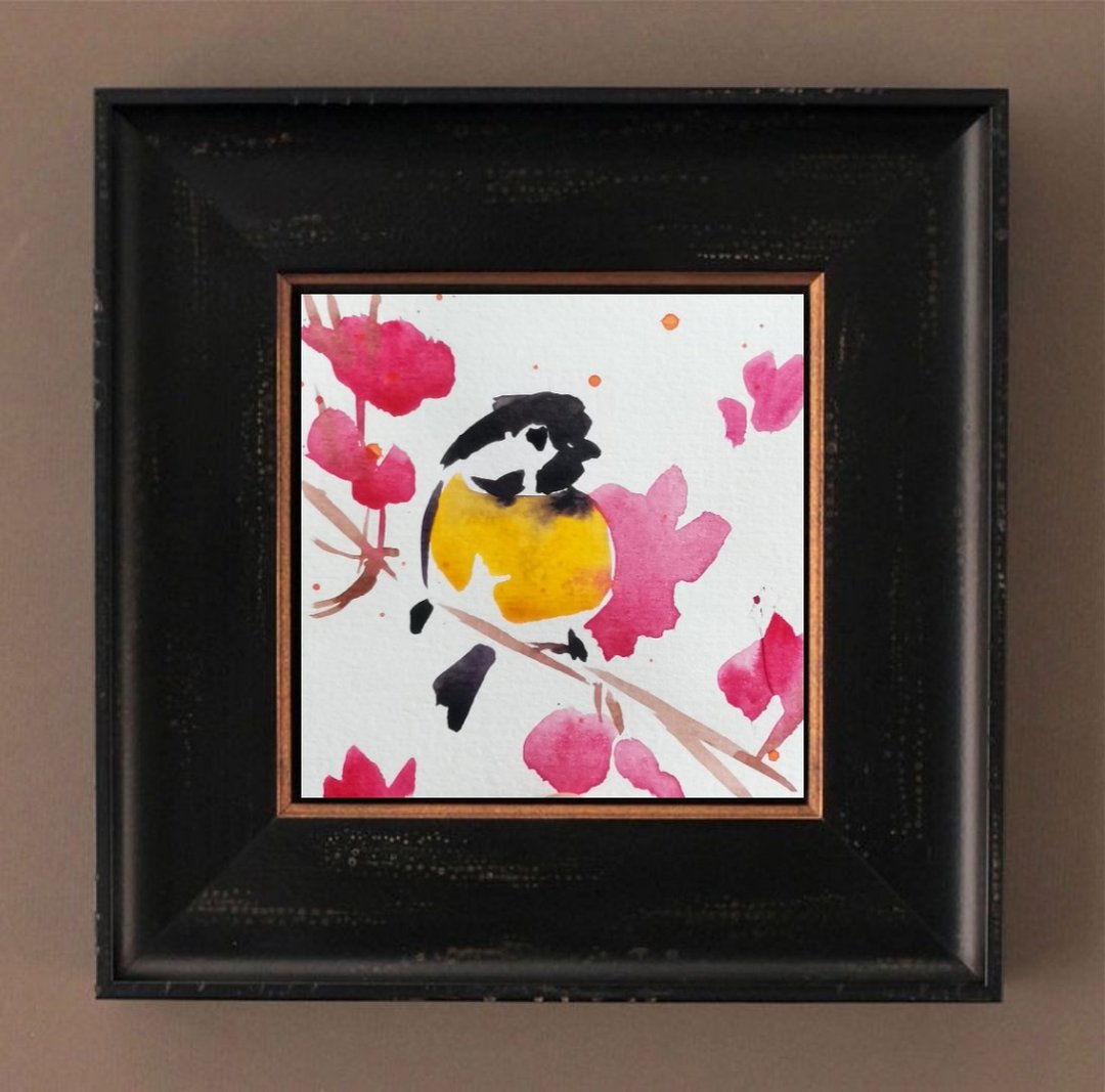 Chickadee Painting Original Art Watercolor Painting Bird Art - 海报/装饰画/版画 - 其他材质 橘色