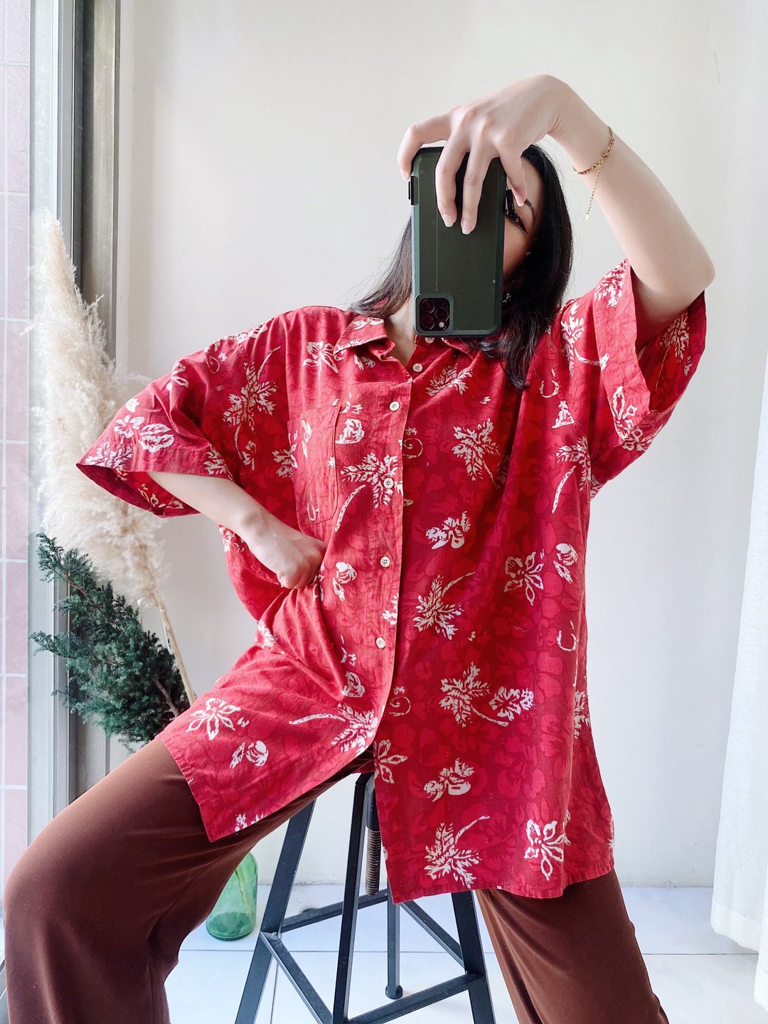 灰红粉层次花卉夏威夷衬衫 古着棉质衬衫上衣vintage Aloha Shirt - 女装衬衫 - 棉．麻 红色