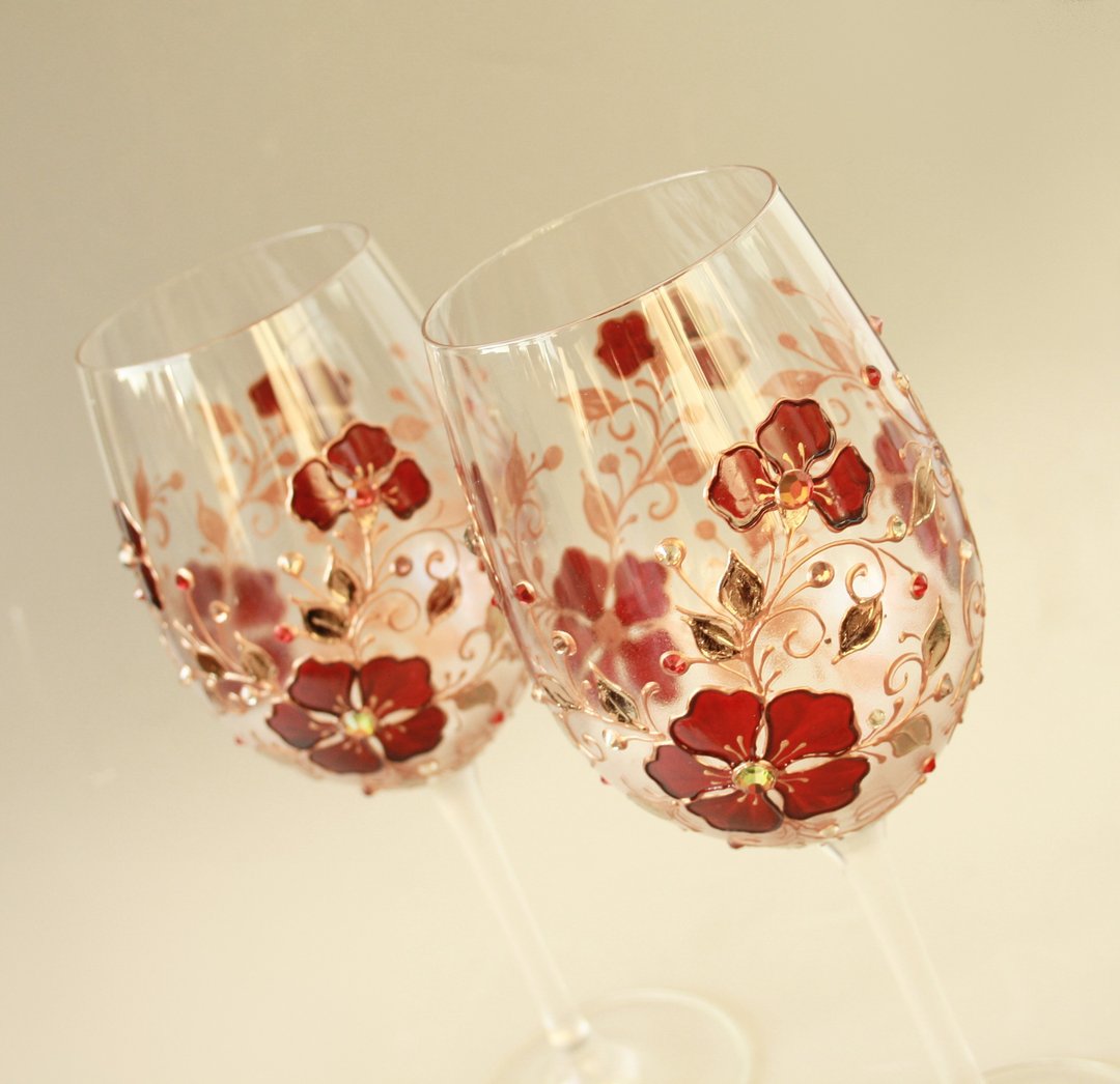 Burgundy Flowers Rose Gold Wine Glasses Swarovski Crystals, Hand-painted set of - 酒杯/酒器 - 玻璃 红色
