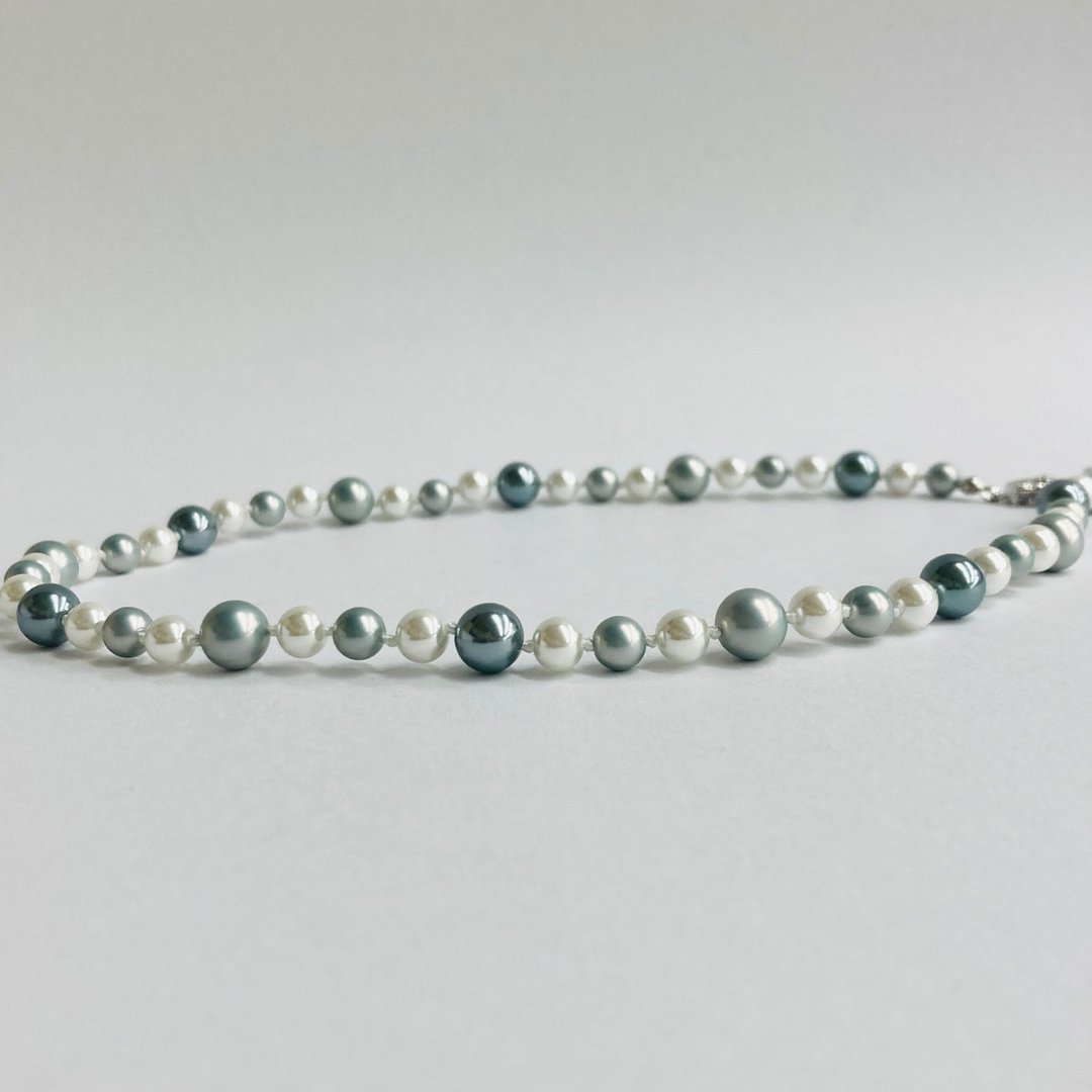 玻璃混色珍珠全结珠项链 / 6x8mm 约43cm / 蓝色混搭 / 日本制造 - 项链 - 玻璃 蓝色