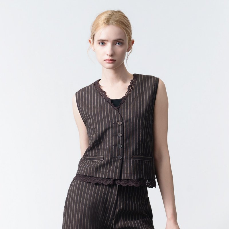 【MEDUSA】棕色亚麻蕾丝复古感背心外套(M-XL) | 女西装背心外套 - 女装西装外套/风衣 - 棉．麻 咖啡色