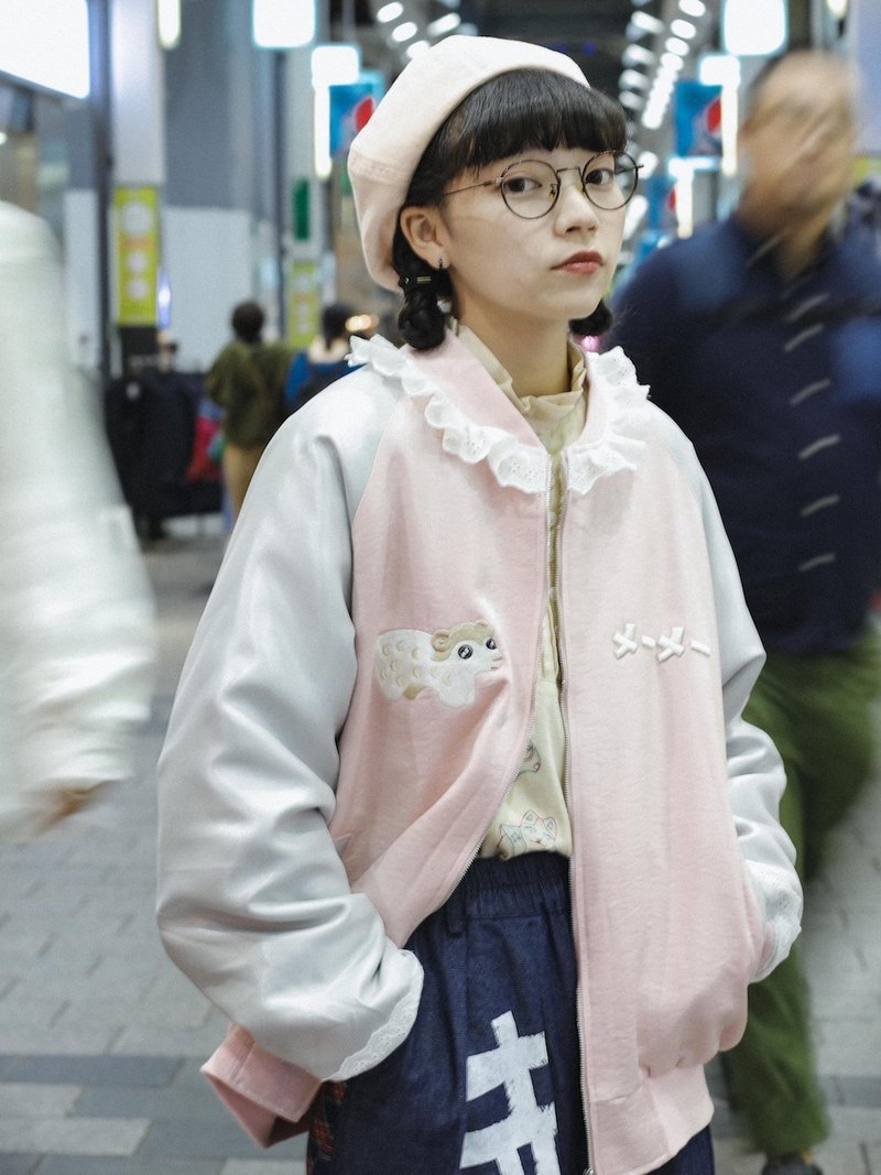 Meugler牛稠岛 玩具馆 星星眼羊轮车花边少女光泽夹棉棒球服 - 女装休闲/机能外套 - 丝．绢 粉红色