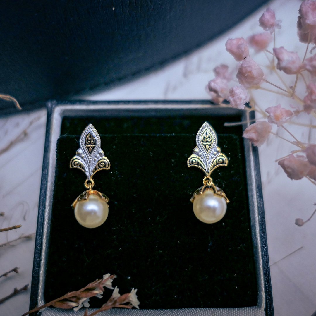 西班牙大马士革火焰珍珠耳环—欧洲古董首饰 Vintage Jewelry - 耳环/耳夹 - 珐琅 