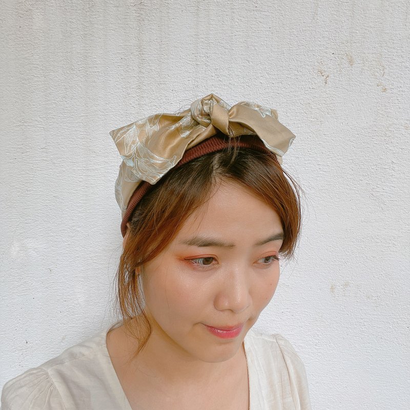 双层超宽版发带  澄金手绘花朵 - 发带/发箍 - 棉 金色