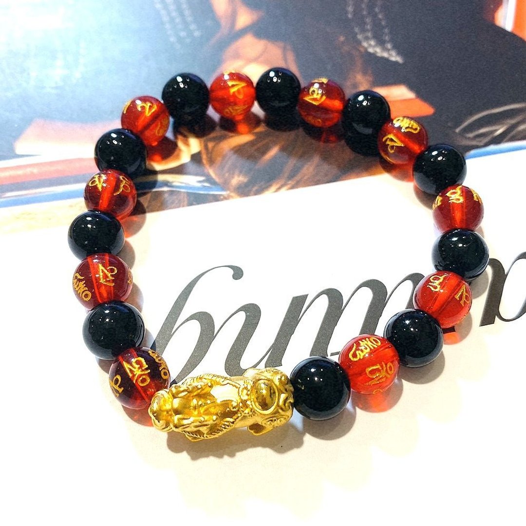 Eli Jewelry 9999纯金 富贵招财黄金貔貅梵文红黑串珠黄金手链 - 手链/手环 - 贵金属 金色