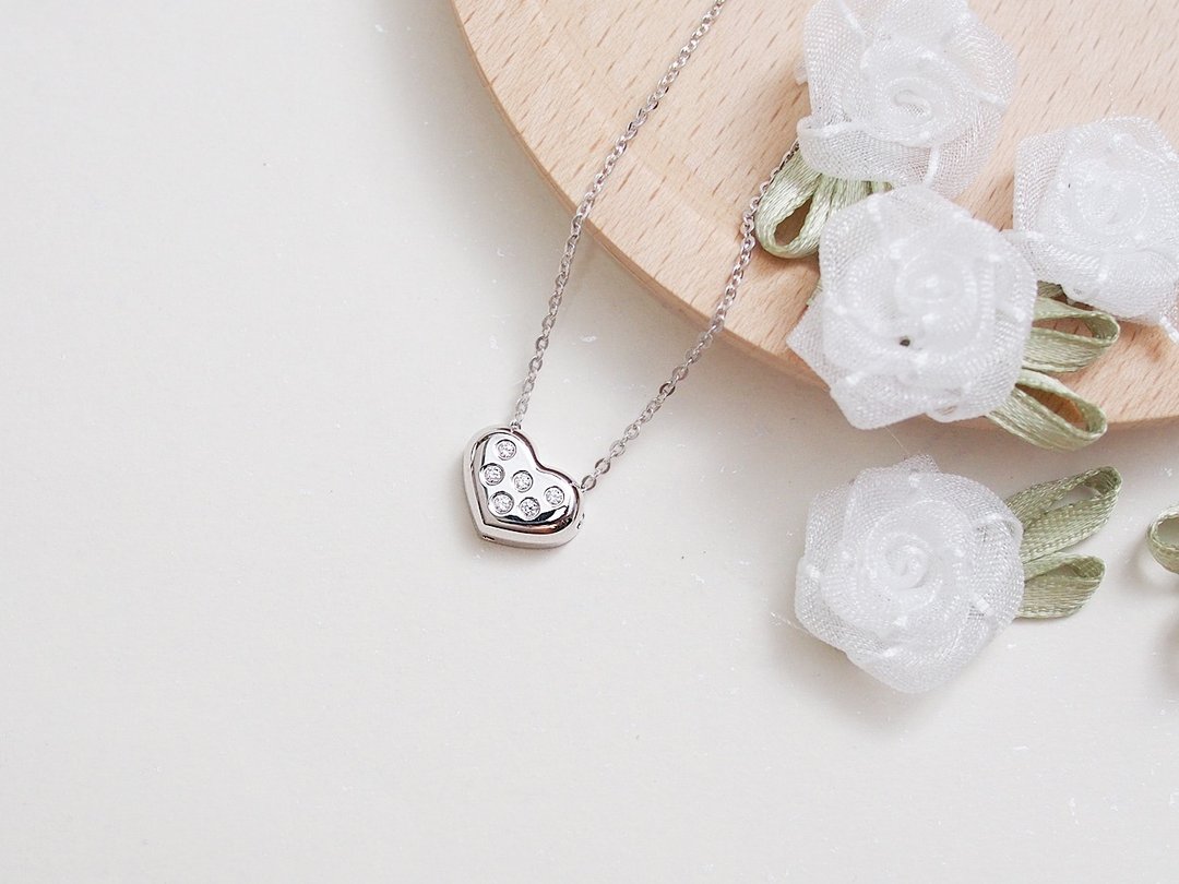 平形 爱心锆石项链 八心八箭 手作纯银silver925 heart ハート - 项链 - 纯银 银色