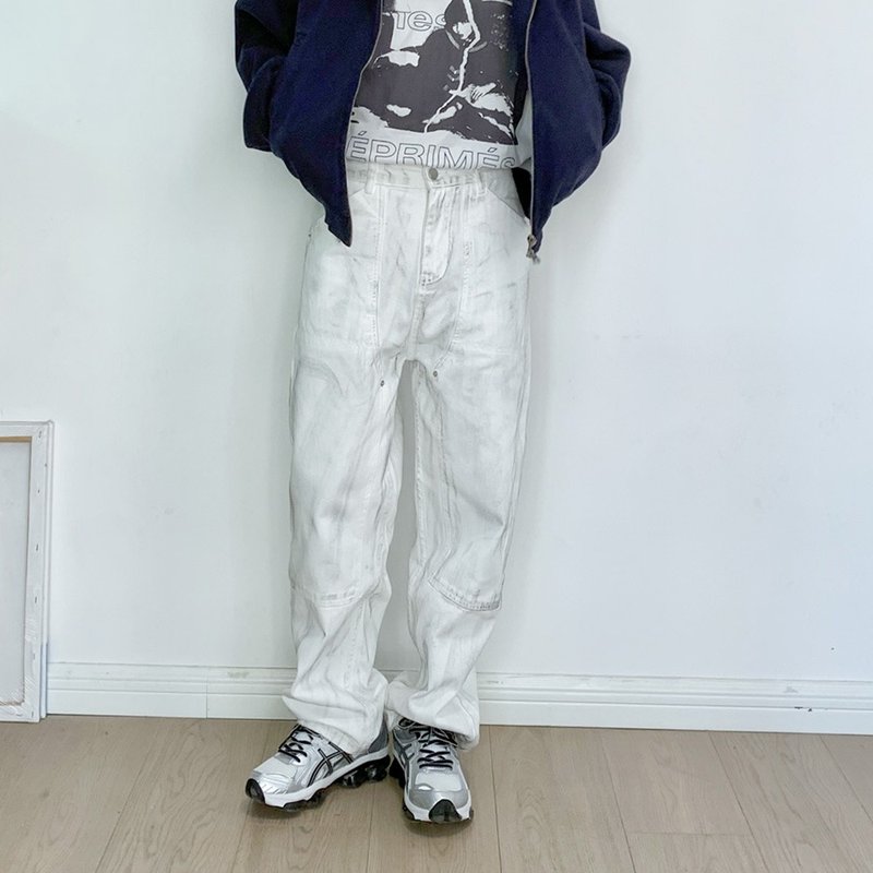 7AB 水洗做旧工装牛仔裤高街宽松休闲百搭直筒伐木裤 - 男士长裤 - 棉．麻 