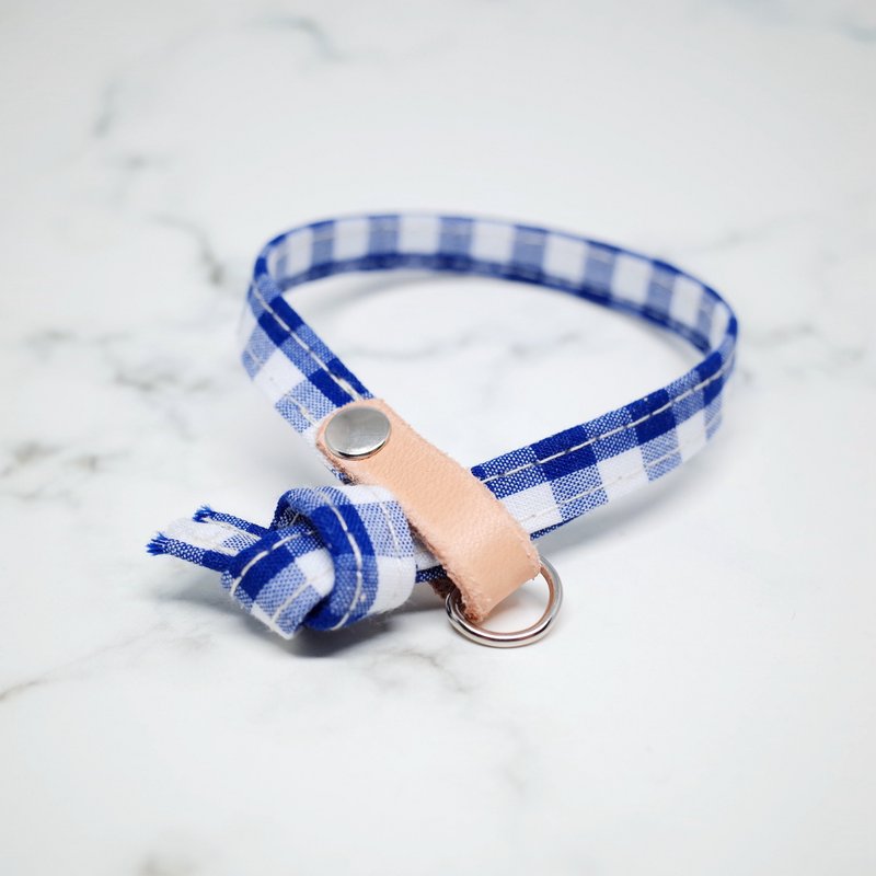 猫 项圈 无印 绅士 蓝 格纹 纯棉 植鞣皮 赠铃铛 水蓝 可加购吊牌 - 项圈/牵绳 - 真皮 