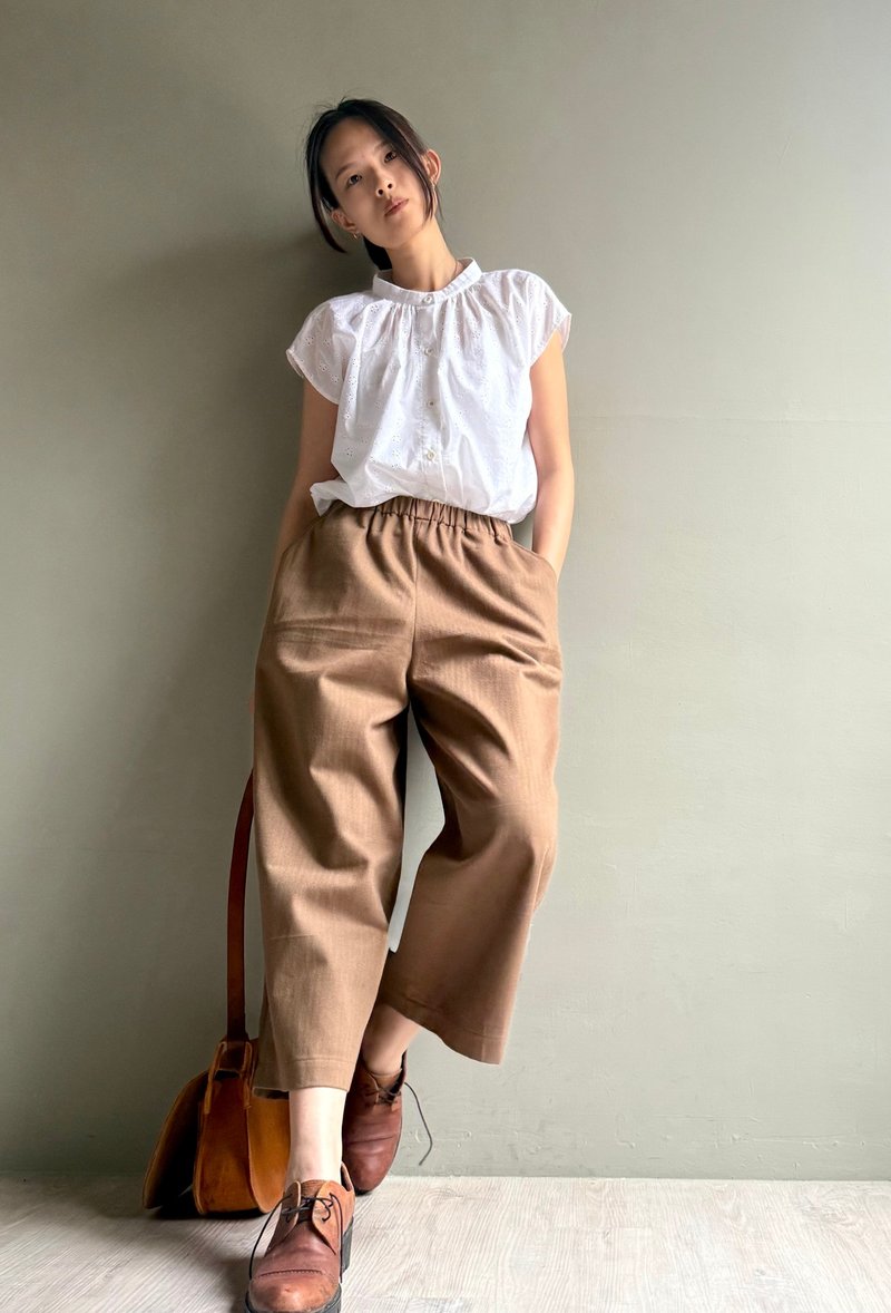 奶茶/可可棕纯棉人字织纹伦裤/松紧腰九分宽裤 - 女装长裤 - 棉．麻 咖啡色