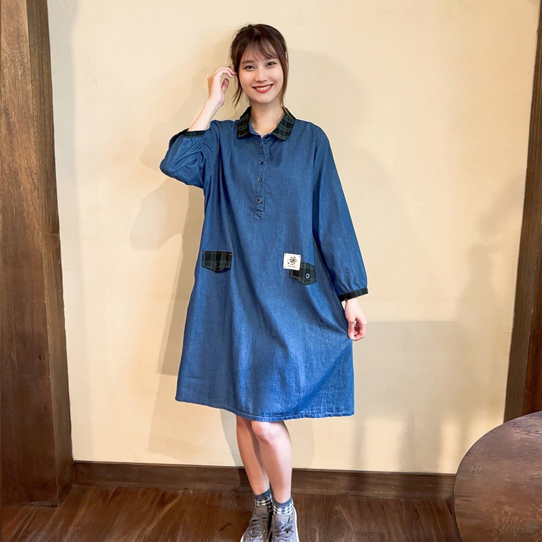 Hana Mokuba 衬衫式格纹拼接牛仔洋装 - 洋装/连衣裙 - 其他材质 