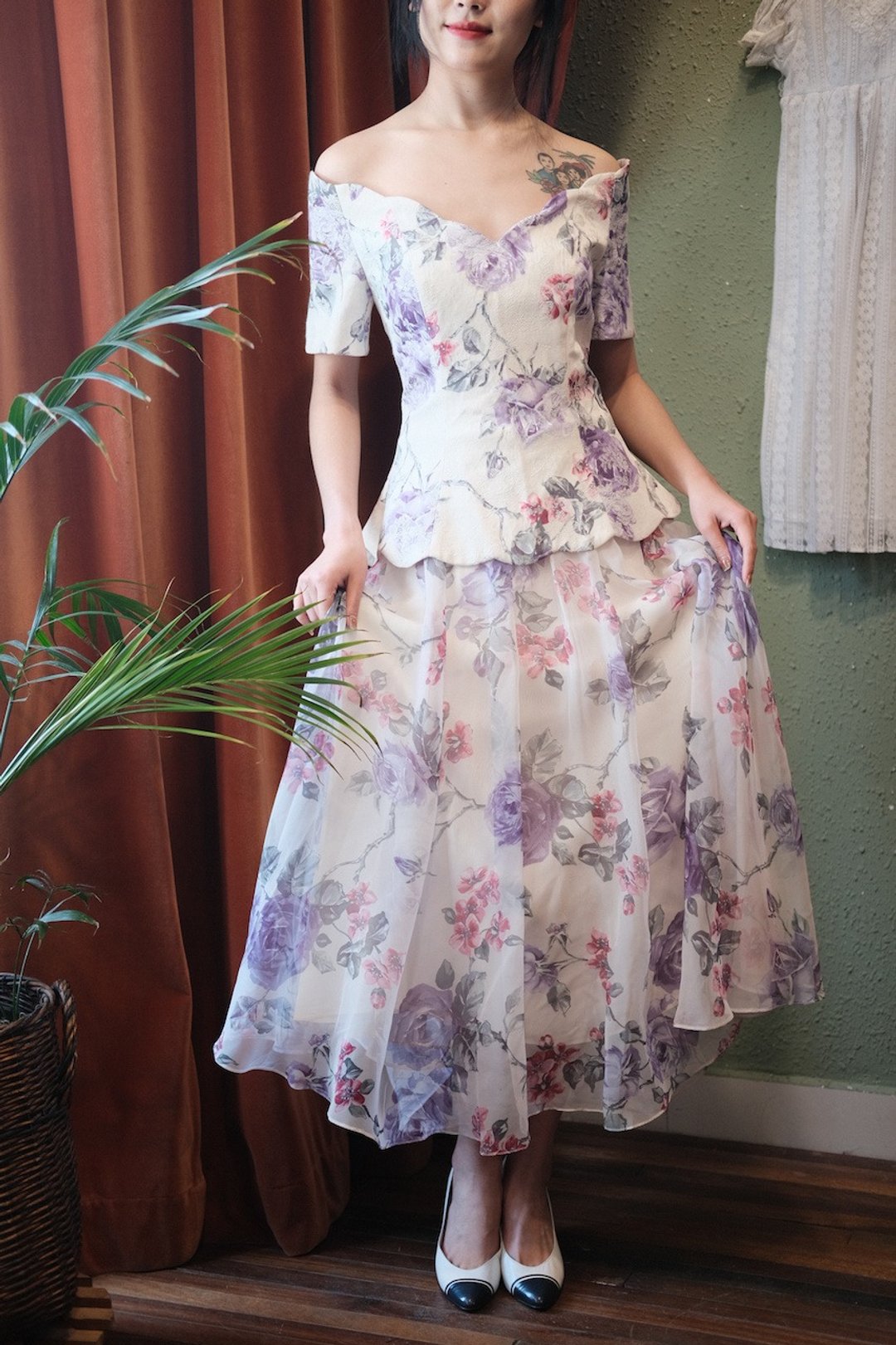 Vintage dress美国制贝壳领暗纹印花假两件连衣裙古着洋装 - 洋装/连衣裙 - 棉 