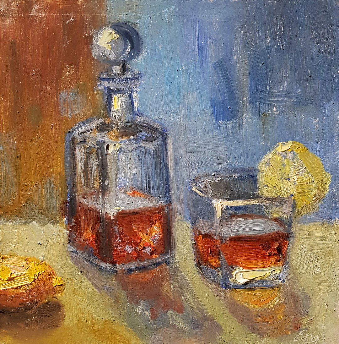 Whiskey Painting Still Life Original Art Lemon Painting Impressionist Art 8 by 8 - 墙贴/壁贴 - 其他材质 橘色