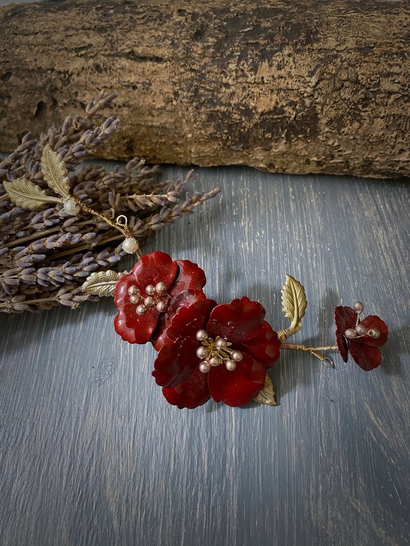 手工新娘饰品 红色山茶花手染铜发饰-延伸款 - 发饰 - 铜/黄铜 红色