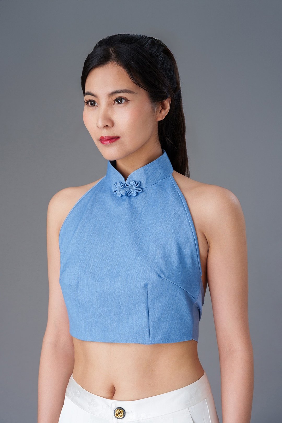 中式挂膊短款旗袍上衣 (牛仔蓝色) |香港设计 - 女装背心 - 棉．麻 蓝色