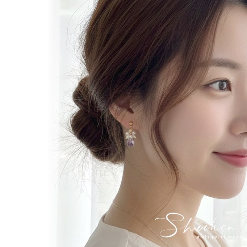 蛋白石色水滴石英石+天然小圆珍珠 小真珠耳环 耳针 耳线 天然石 - 耳环/耳夹 - 水晶 粉红色