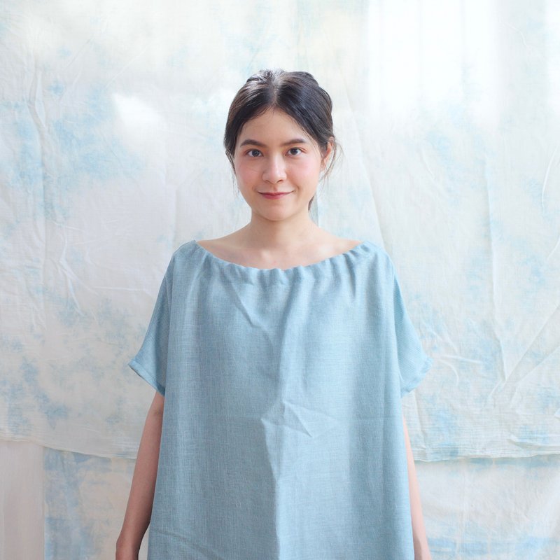 亚麻系带领口洋装 - 柔和蓝 / linnil 原创设计 - 洋装/连衣裙 - 棉．麻 蓝色