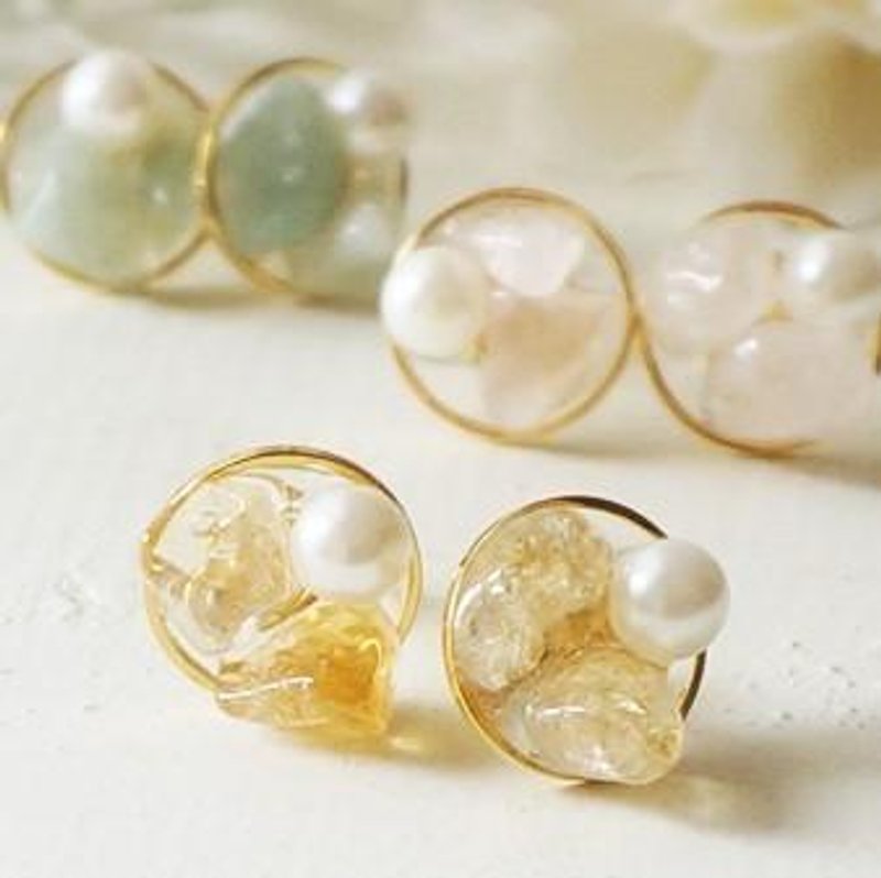 Transparent natural stone and pearl earrings / Clip-On - 耳环/耳夹 - 宝石 黄色