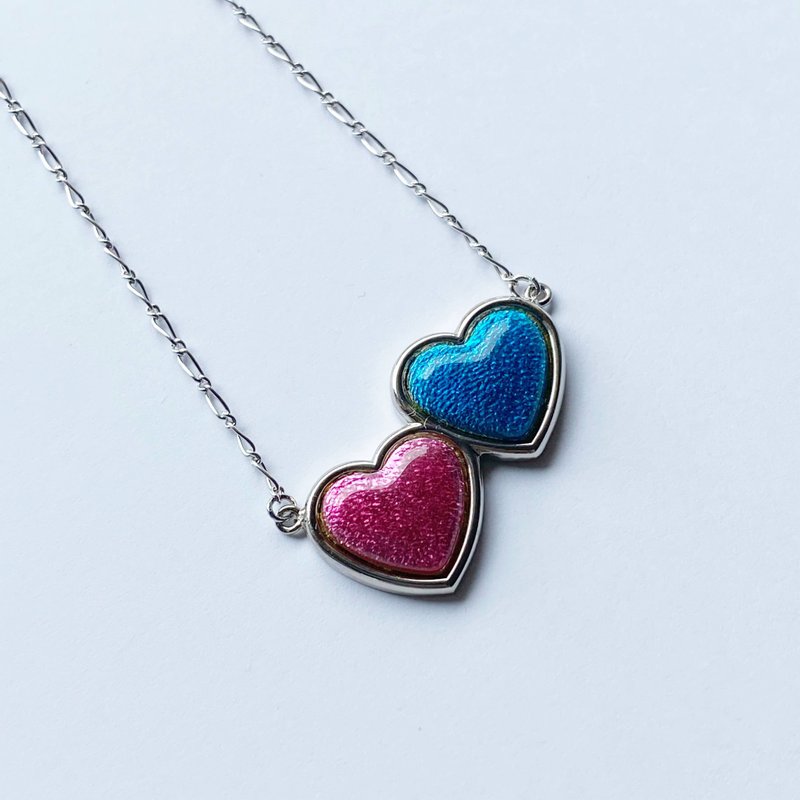 Twin Heart [Sky Blue & Pink] Cloisonne Pendant, Pure Silver Cloisonne - 项链 - 其他材质 蓝色