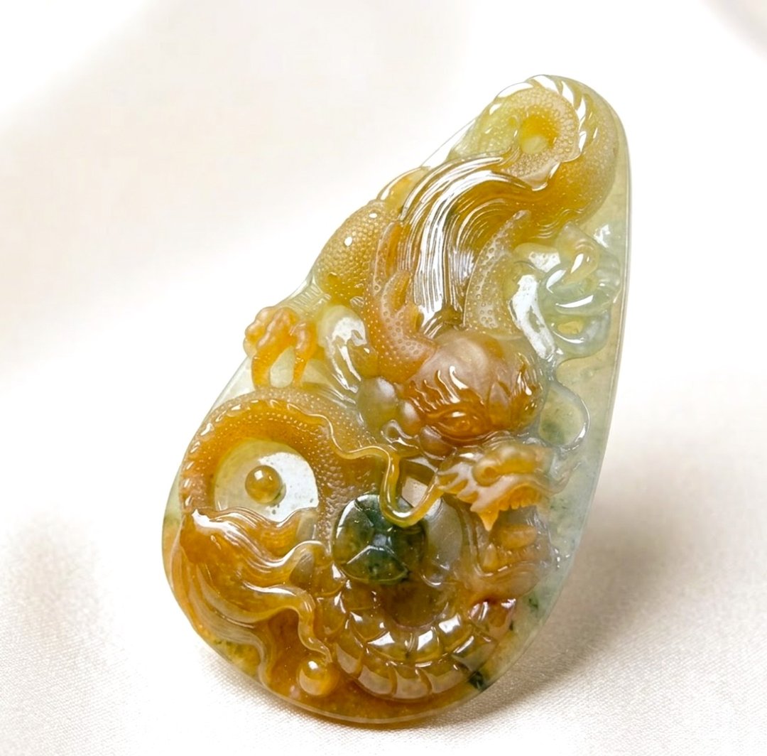 冰种三彩翡翠精雕霸王龙牌 | 天然缅甸玉翡翠 A 货 | 送礼 - 项链 - 玉石 多色