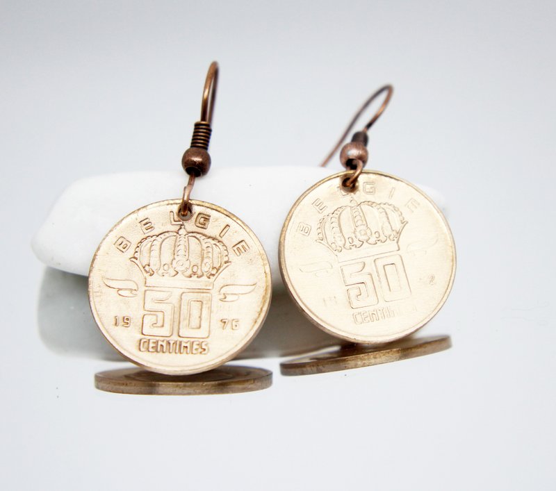 Coin Drop Earrings Mini Coin Earrings Coin Hoop Earrings Tiny Coin Earrings - 耳环/耳夹 - 其他金属 