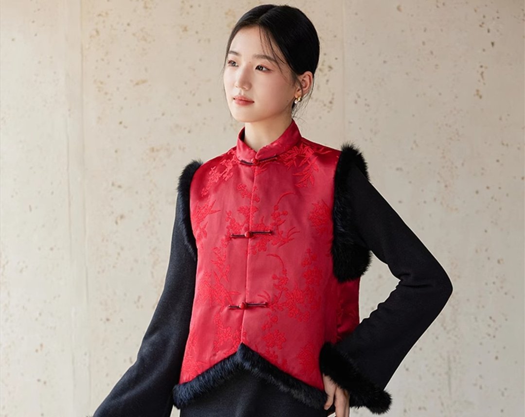 新中式中国风 非遗漳绒缎 . 梅兰竹菊纹样夹棉外套 - 女装上衣 - 其他材质 红色