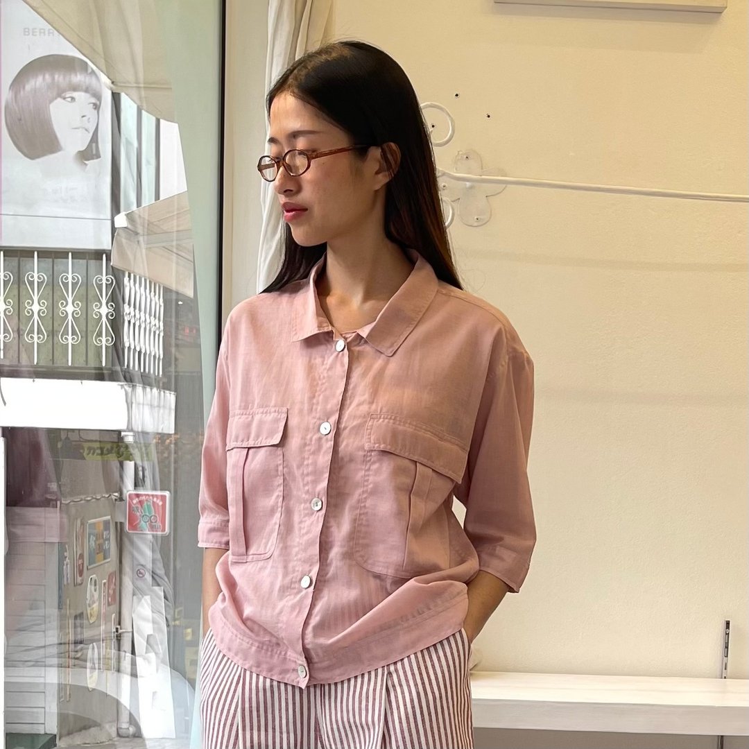 Safari Blouse : 蜜桃粉色领衬衫 短袖 - 女装上衣 - 棉 粉红色