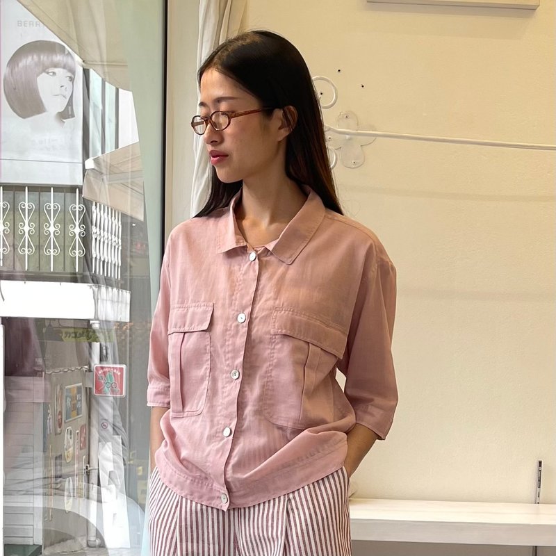 Safari Blouse : 蜜桃粉色领衬衫 短袖 - 女装上衣 - 棉．麻 粉红色