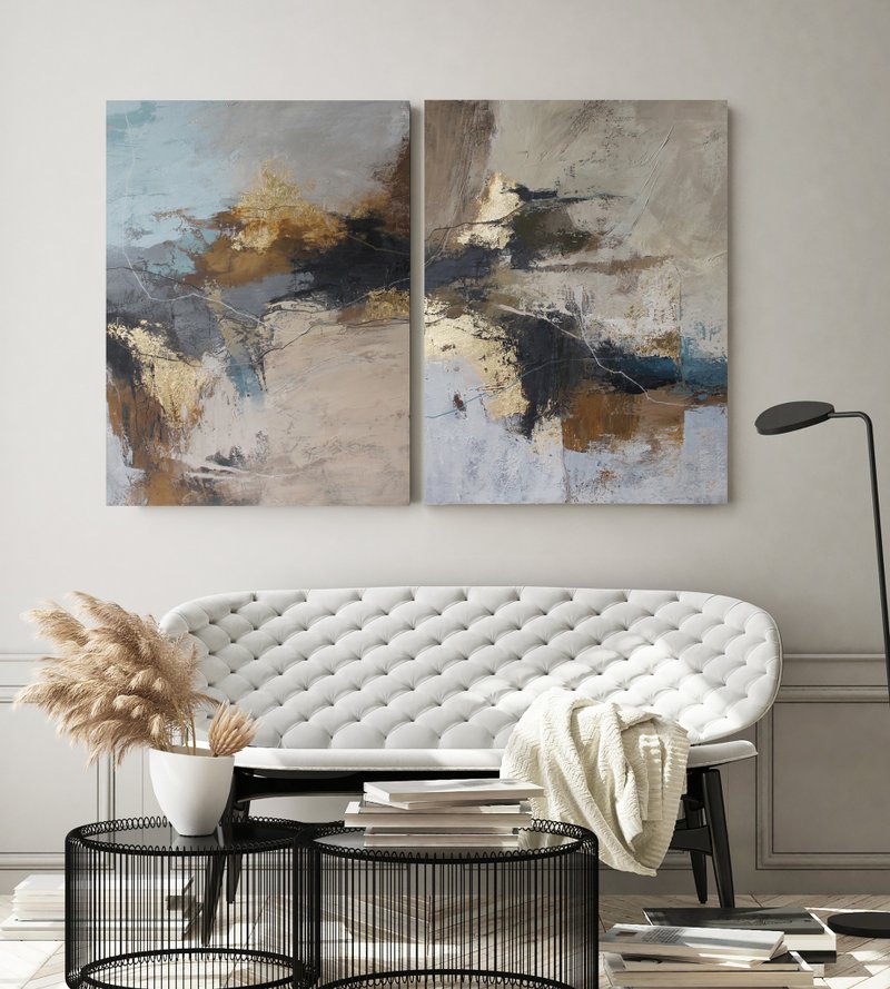 棕金色绘画 |棕金色抽象画 | 抽象墙面艺术 | Flight 3 套装 - 墙贴/壁贴 - 棉．麻 咖啡色