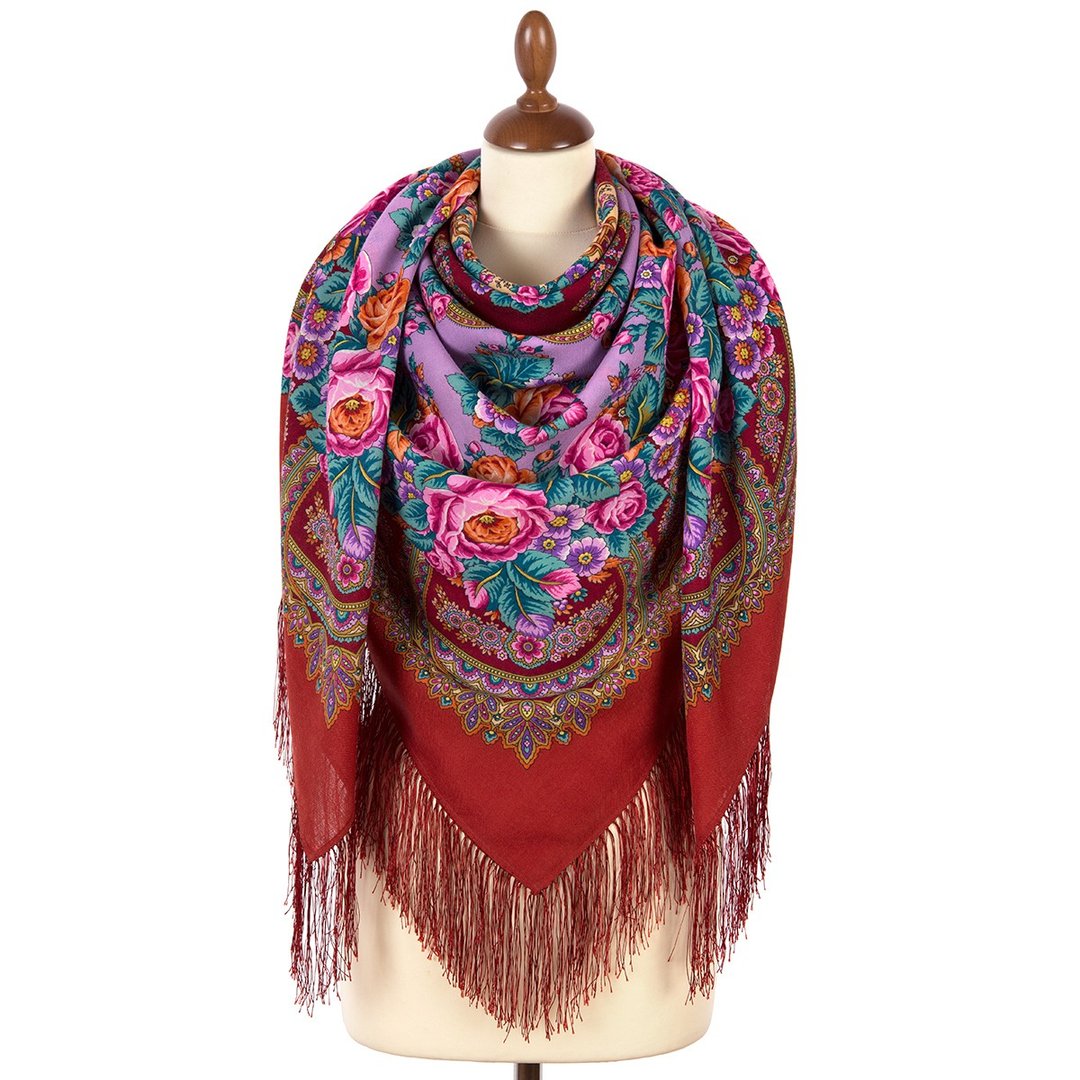 Pavlovo Posad Russian Shawl 100% Wool Scarf Silk Tassels 146x146 cm 1910-5 - 丝巾 - 羊毛 红色