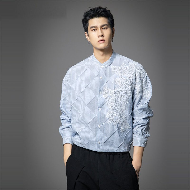秋季菱格肌理长袖衬衫  男士绣花条纹衬衣 - 男装衬衫 - 棉．麻 蓝色