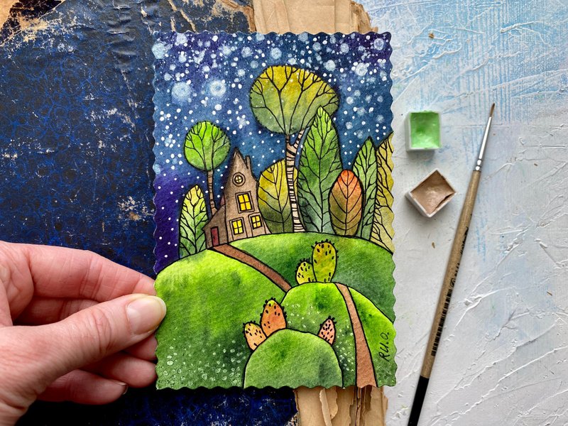 Night landscape painting Mini Original watercolor card Miniature art by Rubinova - 海报/装饰画/版画 - 纸 多色