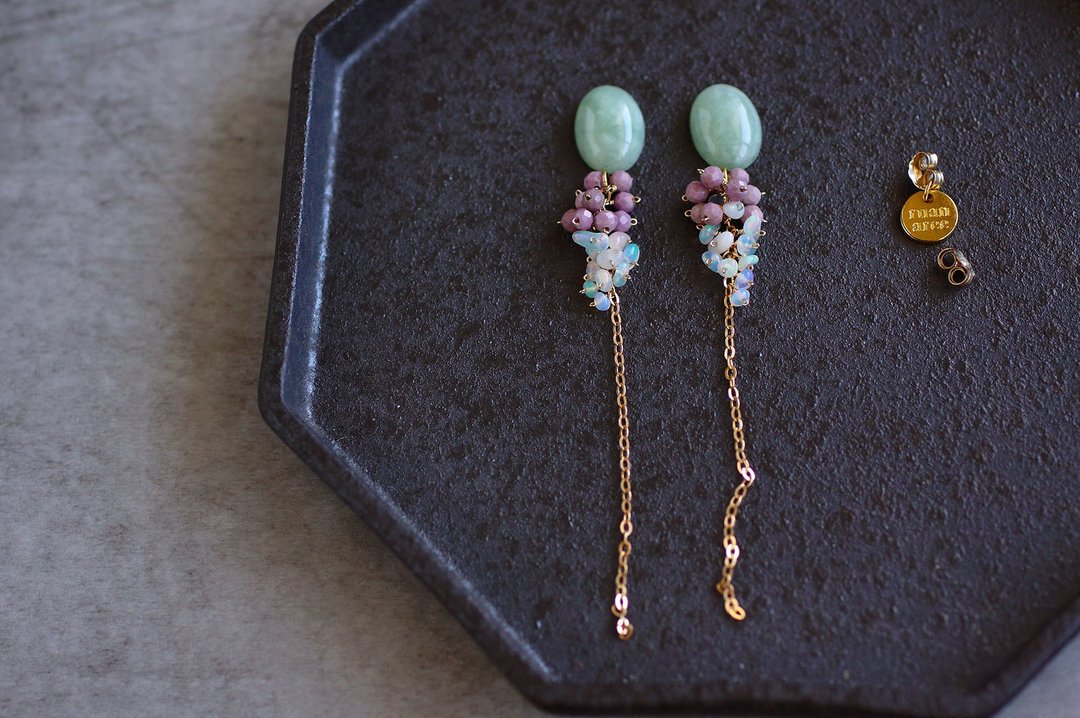 14kgf-Mermaid tie earrings - 耳环/耳夹 - 半宝石 绿色