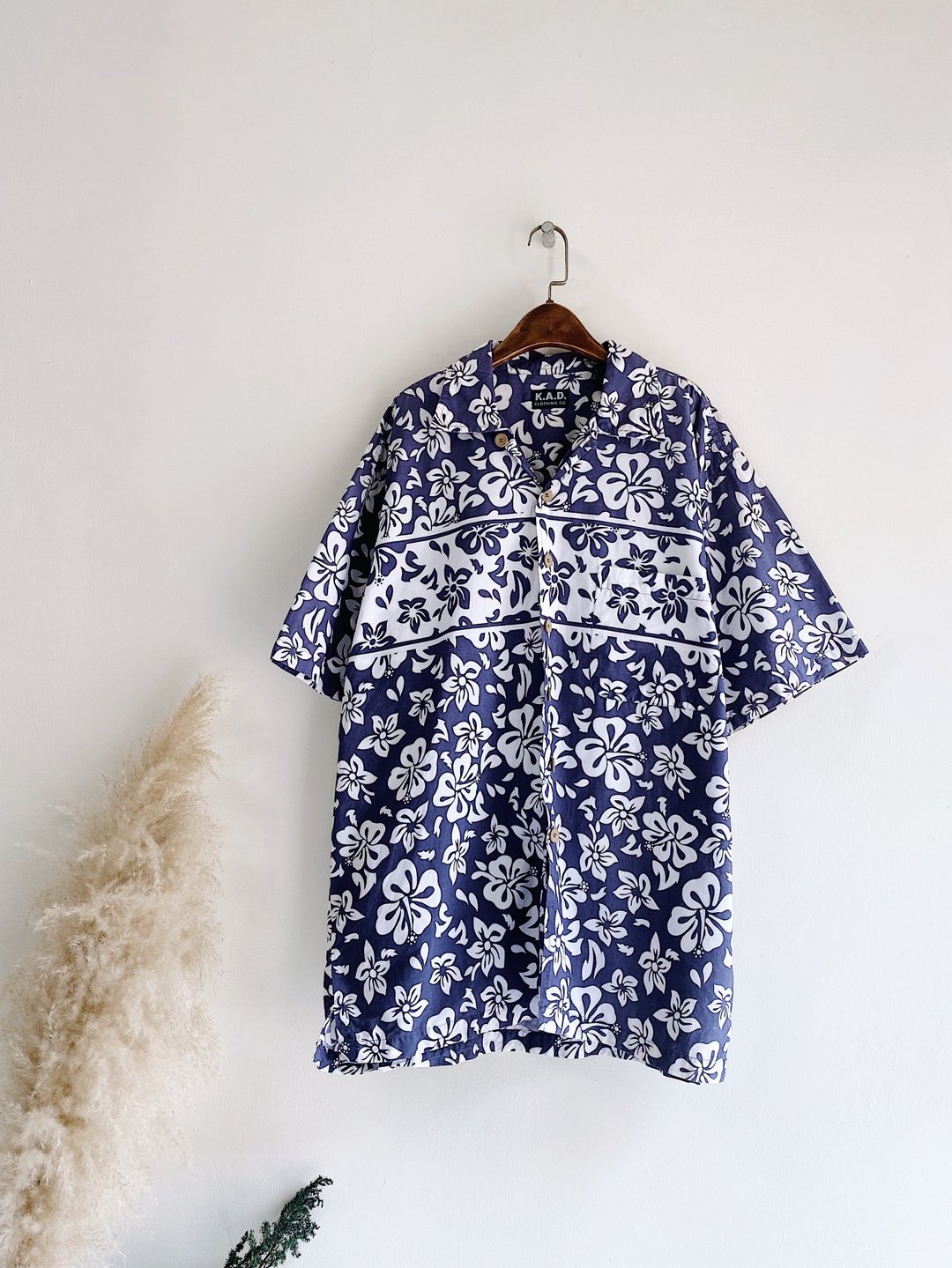 深蓝花卉满版图腾 古着棉质夏威夷衬衫上衣 vintage Aloha Shirt - 男装衬衫 - 棉 蓝色