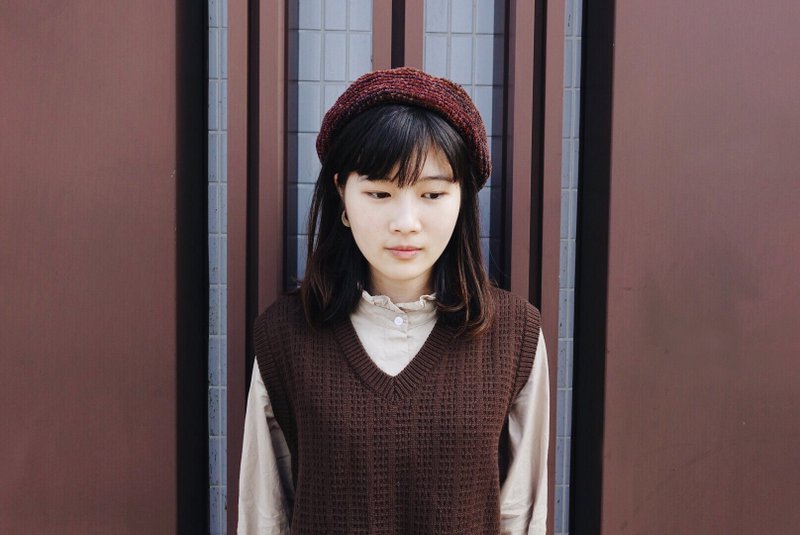 啡绿色系段染贝雷帽 - 帽子 - 其他材质 咖啡色