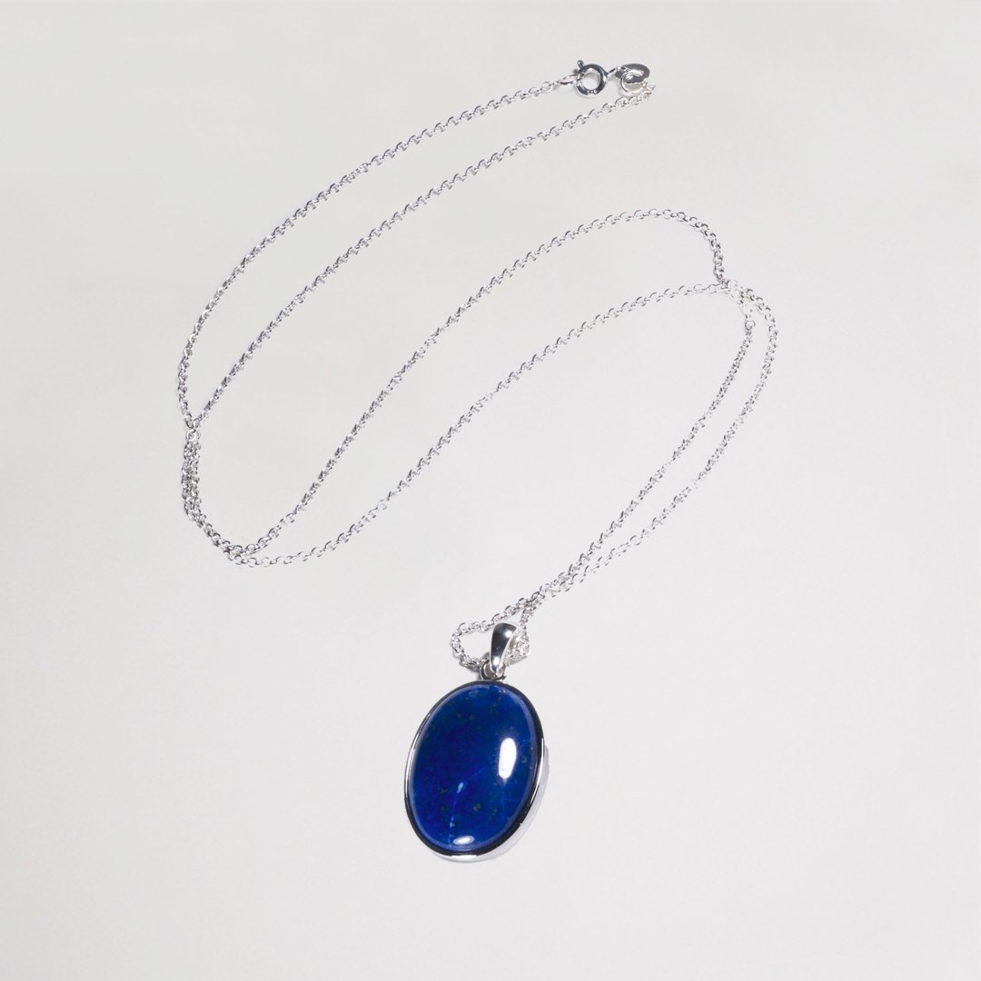蛋面青金石 纯银长链 - 项链 - 宝石 蓝色