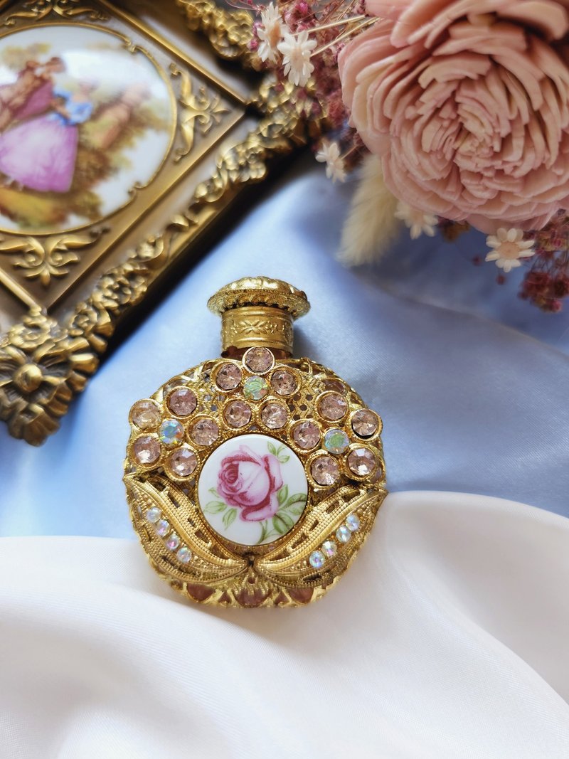 捷克工艺玻璃金丝掐纹莱茵瓷玫瑰香水瓶/美国西洋古董饰品 - 其他 - 其他材质 