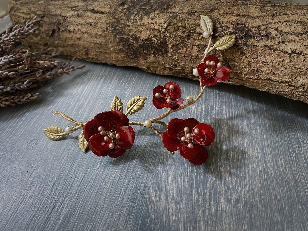 手工新娘饰品 红色山茶花手染铜发饰 - 繁花款 - 发饰 - 其他材质 