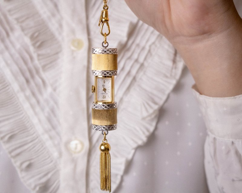 瑞士 Bucherer 名牌古董 Art Deco双色刻纹流苏 活动式项链表坠链 - 男表/中性表 - 其他金属 金色