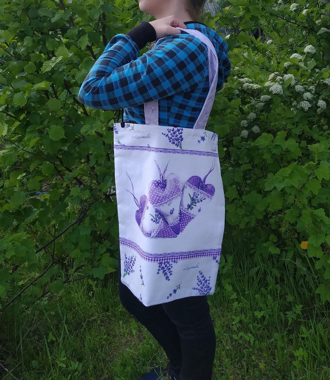 Strong high white tote bag, cotton canvas bag with lavender hearts - 手提包/手提袋 - 棉．麻 白色
