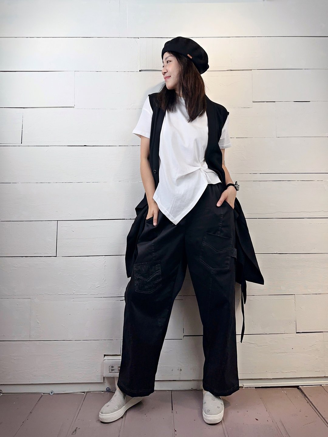 黑 - 撞色剪接长裤 # A2065 - 女装长裤 - 棉 黑色
