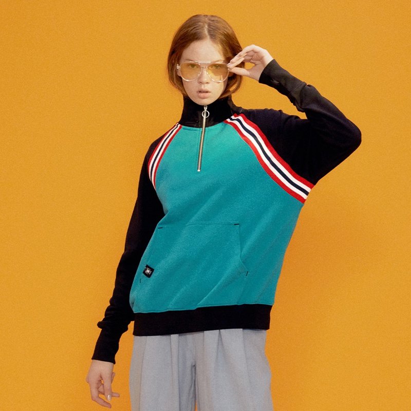 【Off-season sale】中性款 拼接高领运动衫 / 甲虫绿 - 女装上衣 - 棉．麻 绿色