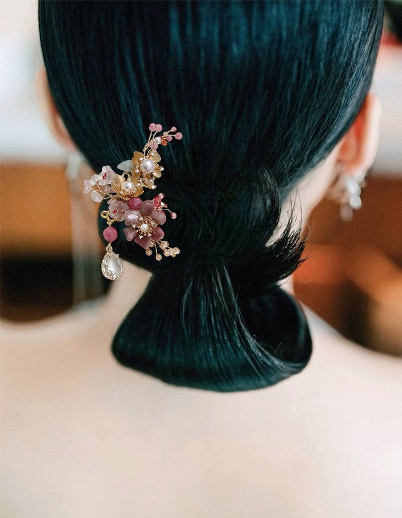 手工天然石发簪 新娘头饰 中式发针 和服配饰 - 发带/发箍 - 其他材质 粉红色