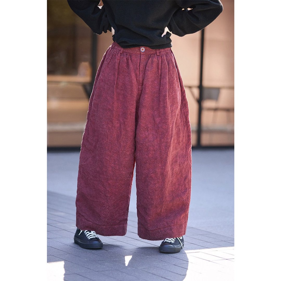 酒红色亚麻布保暖显瘦松紧腰棉裤 - 女装长裤 - 棉 