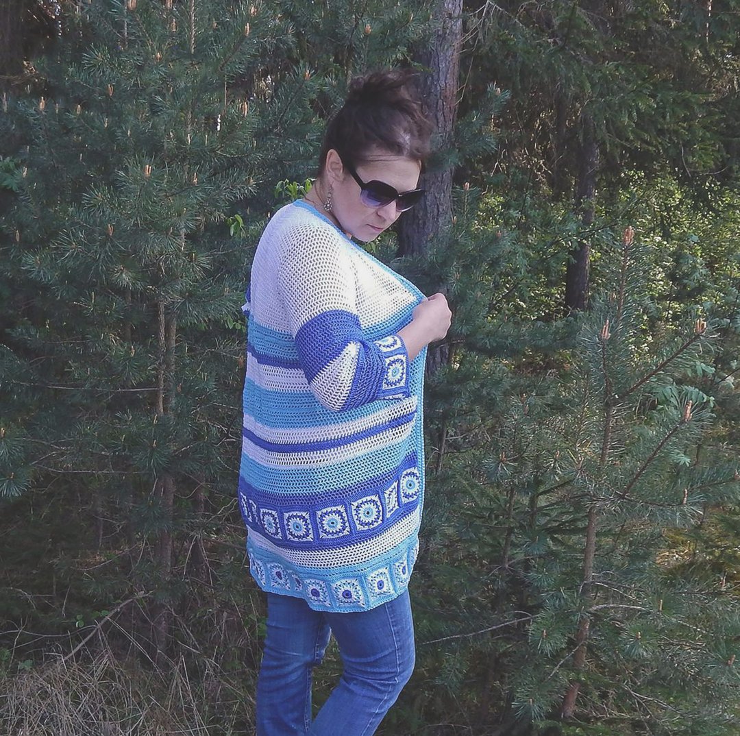 Cotton blue cardigan womens crochet jacket boho knitted sweater Pullover - 女装针织衫/毛衣 - 棉 蓝色