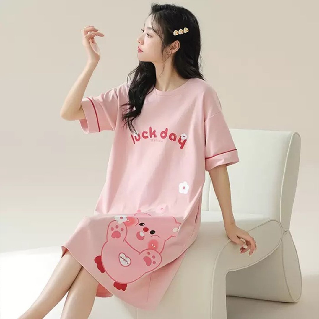 Pink Lady 棉柔连身睡裙 幸运粉熊 印花圆领 短袖女睡衣居家服 - 居家服/睡衣 - 其他人造纤维 粉红色