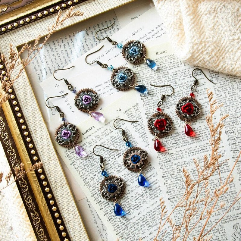 蒸气庞克 齿轮复古耳环 玫瑰多色可选 耳夹 耳勾 - 耳环/耳夹 - 其他金属 多色