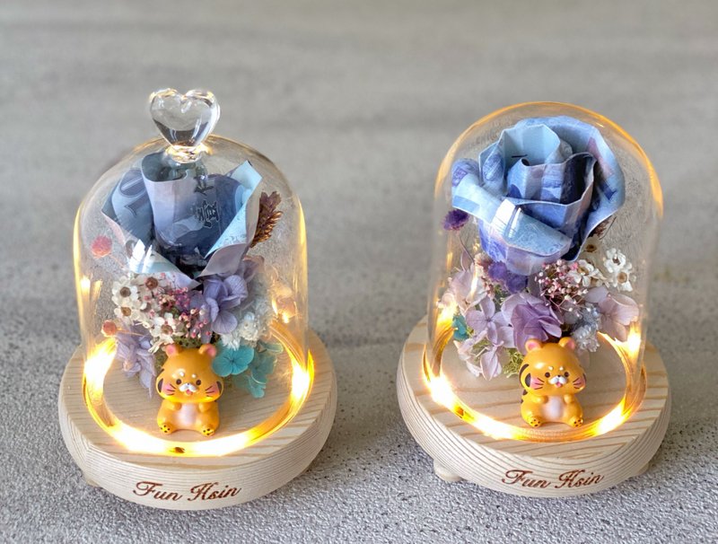 虎哩发财 钞票花 不凋花 有钱花  情人节礼物 毕业礼物  玻璃盅 - 干燥花/捧花 - 植物．花 紫色